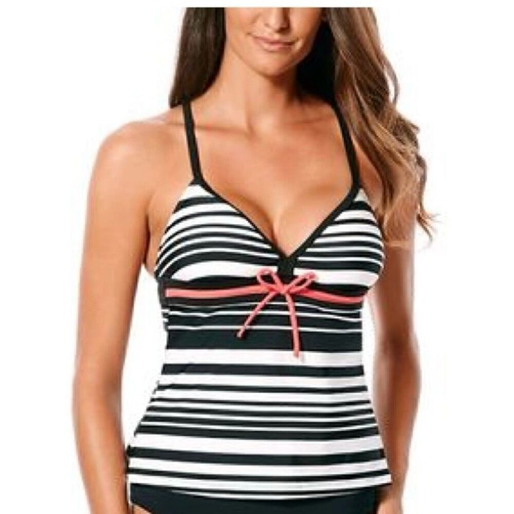 JAG SPORT Black & White Striped Padded Tankini Top Size L